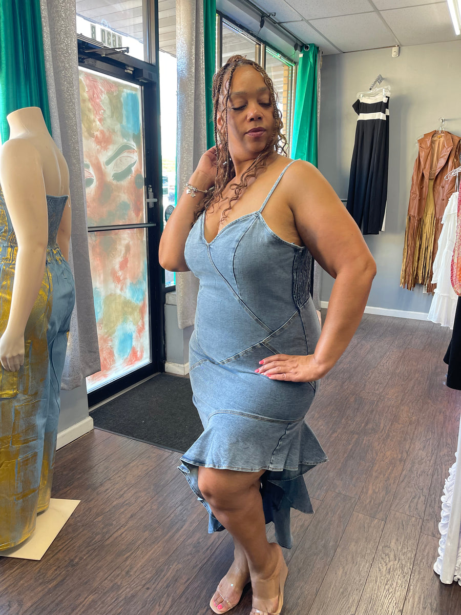 lea chiffon asymmetrical maxi dress ASYMMETRICAL DEMI DENIM DRESS – PRISCILLA'S PLUS SIZE BOUTIQUE
