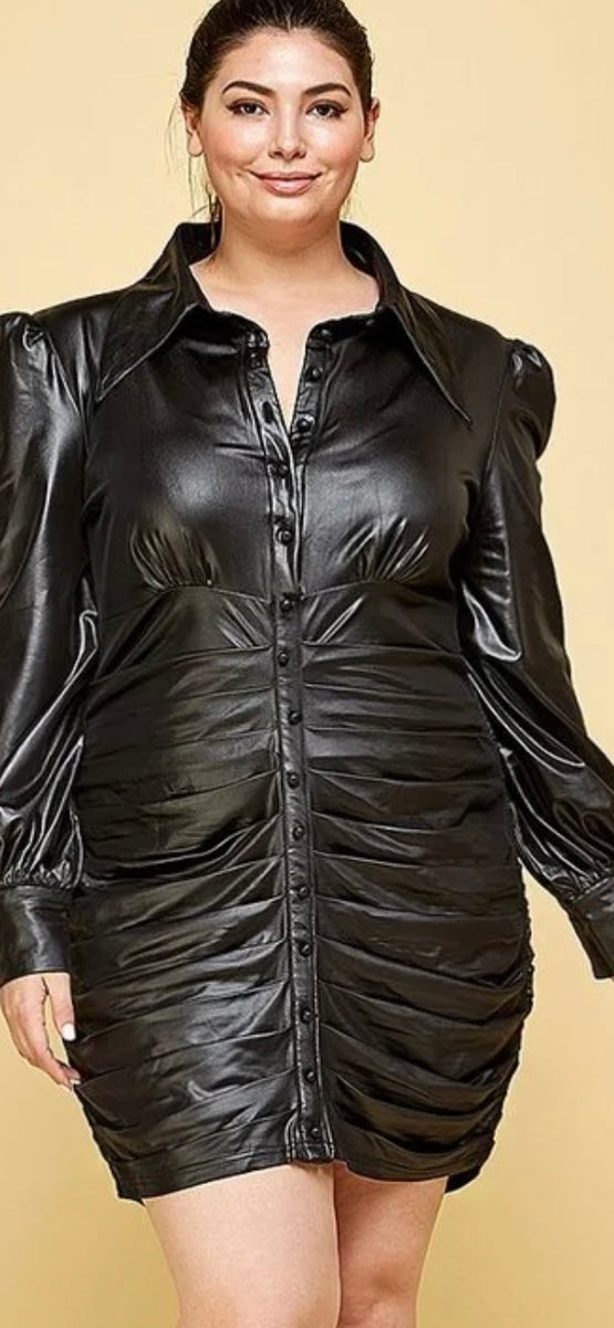 knee length dresses for ladies Faux Leather Metallic Ruffle Sleeve Dress Bronze / S main image 0